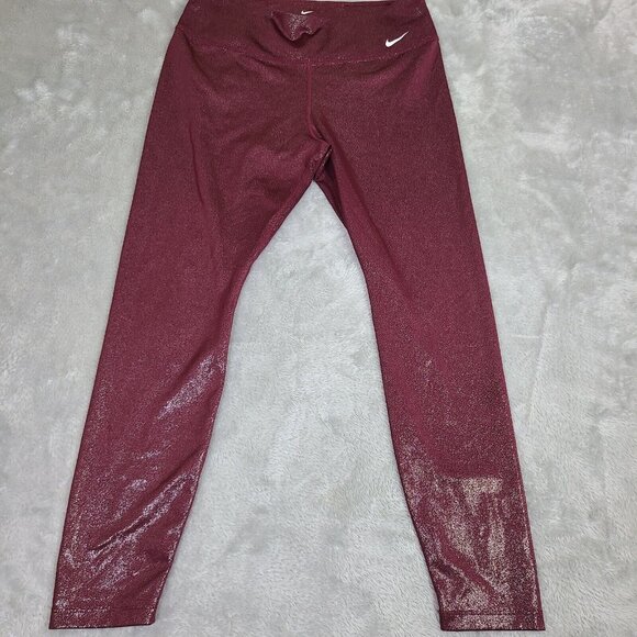 Nike Women's Burgundy Mid Rise‎ 7/8 Tight Fit Leggings Size Large Dri Fit - Picture 1 of 11